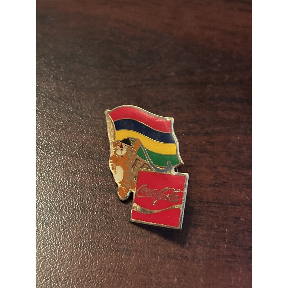 Vintage 1988 Seoul Olympics Coca Cola Hodori Tiger Mauritius Flag Lapel‎ Pin